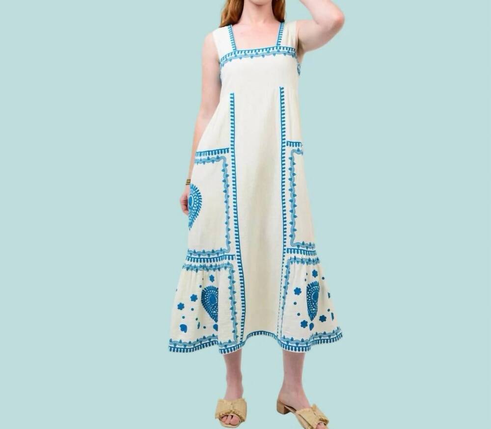 NEW UNCLE FRANK the maya embroidered midi dress in ivory / cobalt